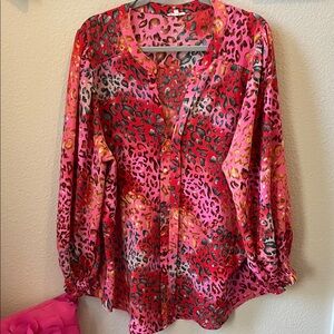 JODIFL Pink and Red Leopard Print Blouse